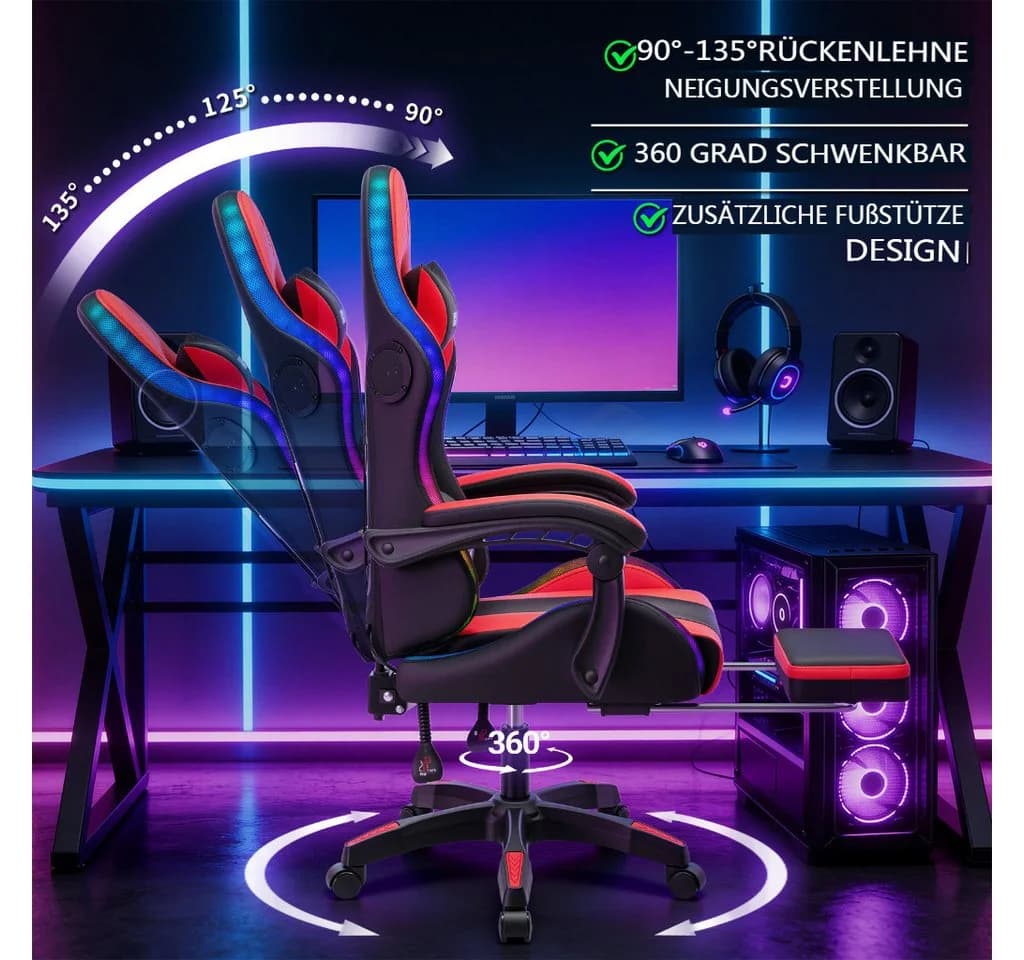 Insma Gaming-Stuhl mit Massagefunktion, RGB LED & 180° Liegefunktion - Bild 4