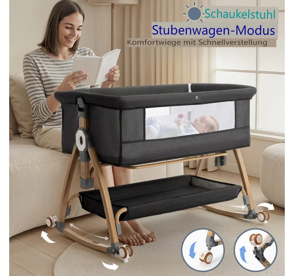 Insma Beistellbett 3 in1 Babybett grau mit Moskitonetz