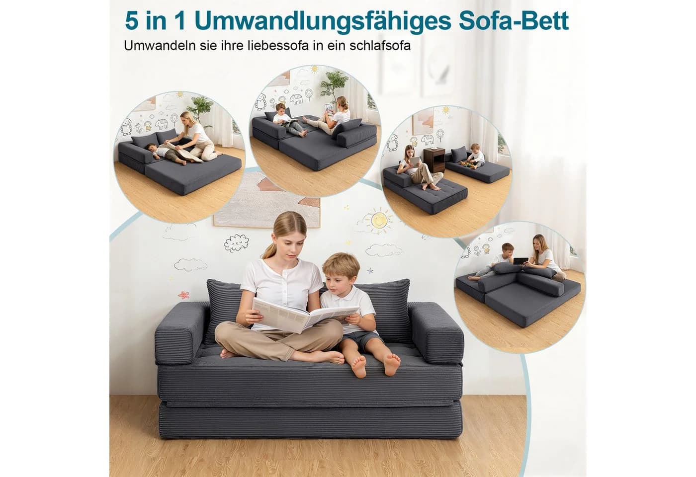 MECO 5-in-1 Schlafsofa Grau Cord 2-Sitzer