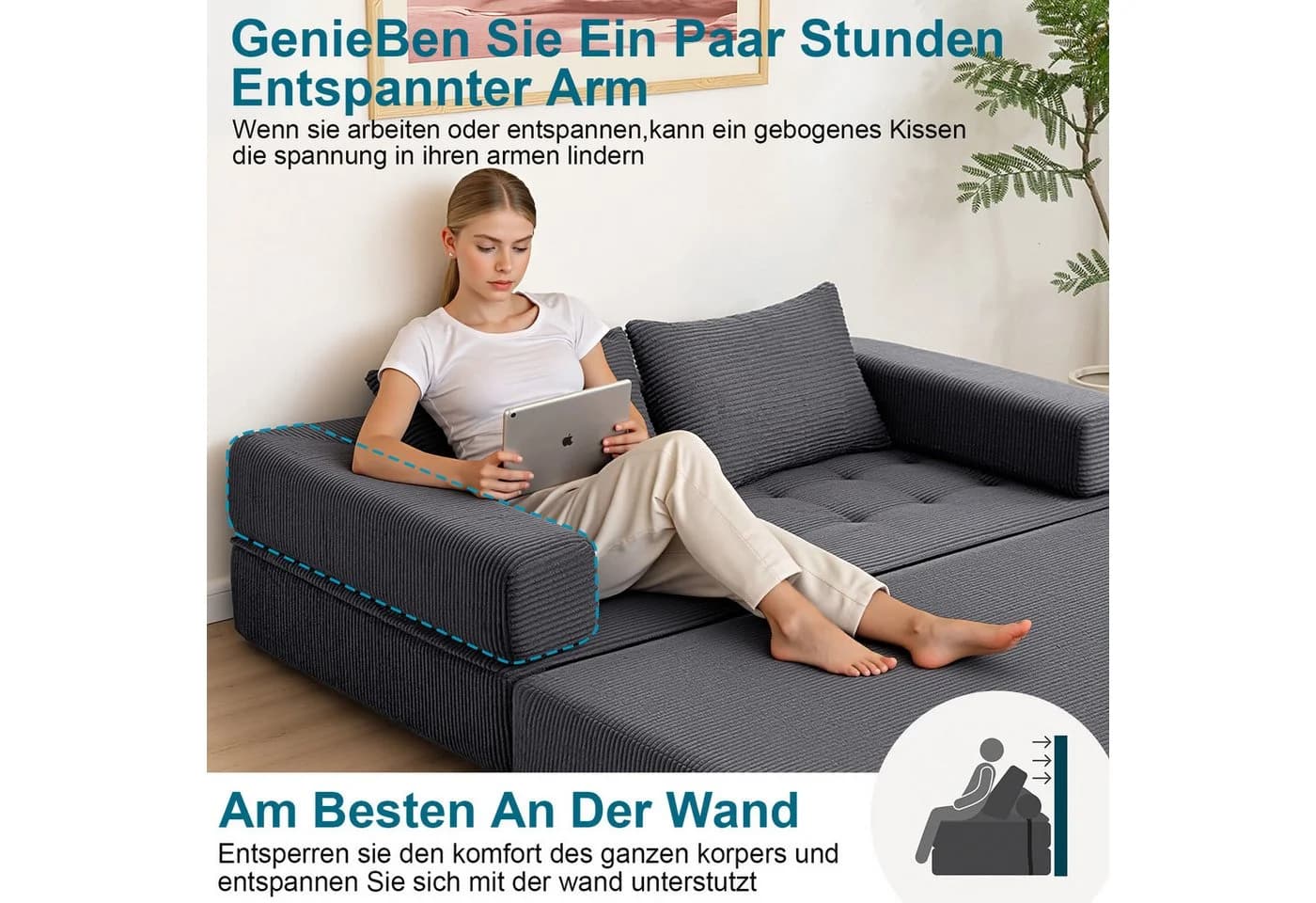 MECO 5-in-1 Schlafsofa Grau Cord 2-Sitzer - Bild 4
