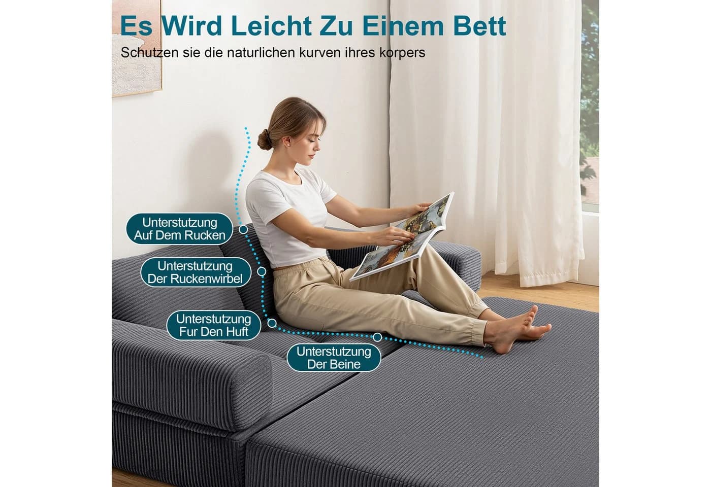 MECO 5-in-1 Schlafsofa Grau Cord 2-Sitzer - Bild 5