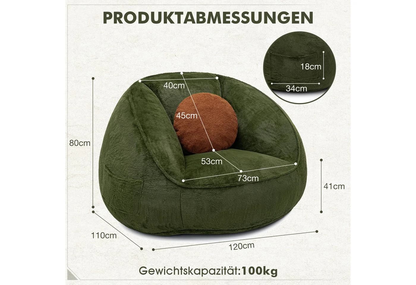Insma Sitzsack XL 120cm Avocadogrün mit Kissen - Bild 5
