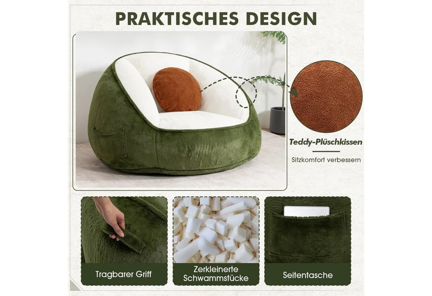 Insma Sitzsack XL 120cm Avocadogrün mit Kissen - Bild 5