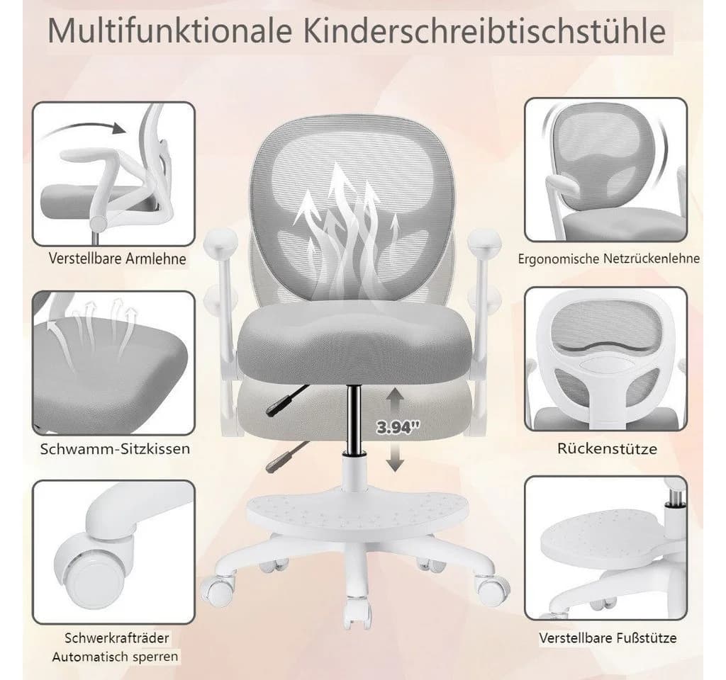 Insma Kinder-Drehstuhl ergonomisch höhenverstellbar mit klappbaren Armlehnen