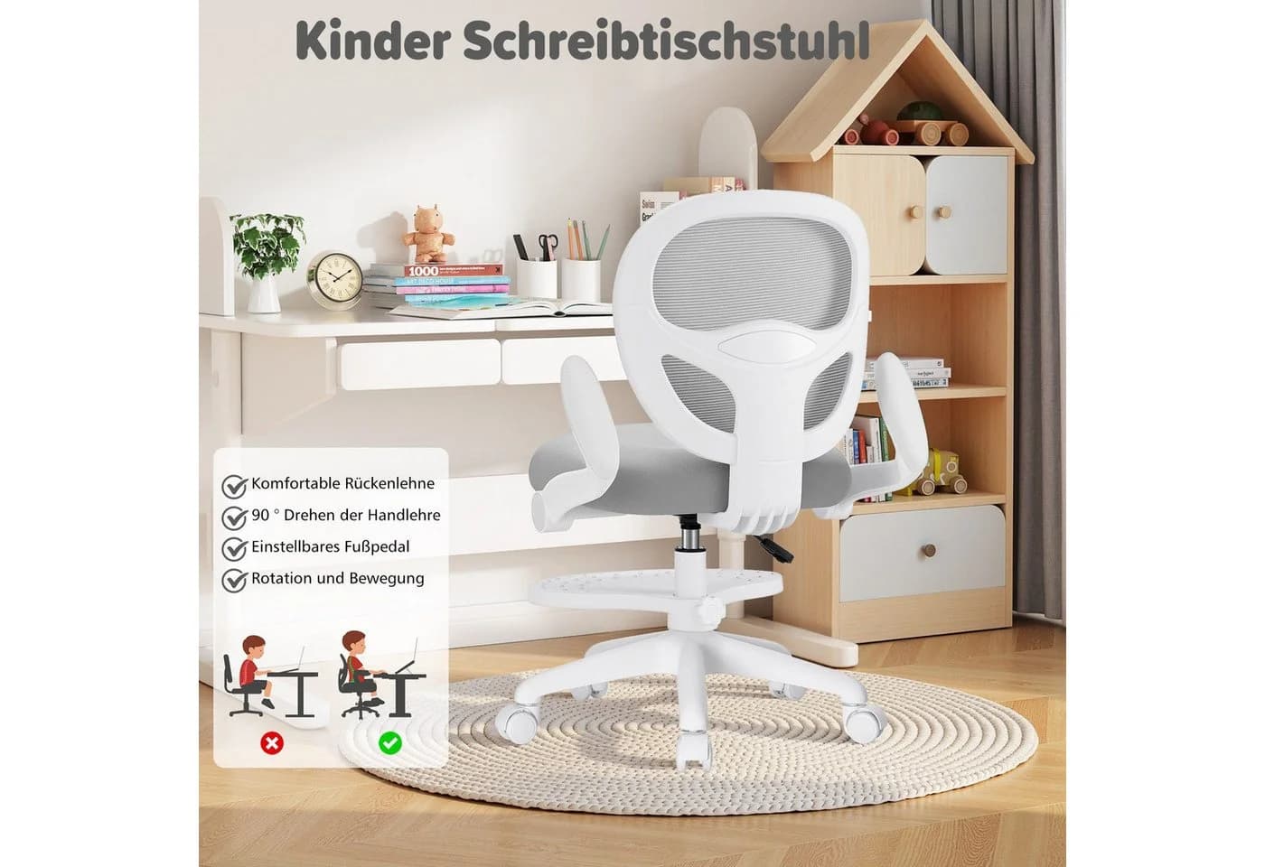 Insma Kinder-Drehstuhl ergonomisch höhenverstellbar mit klappbaren Armlehnen - Bild 4