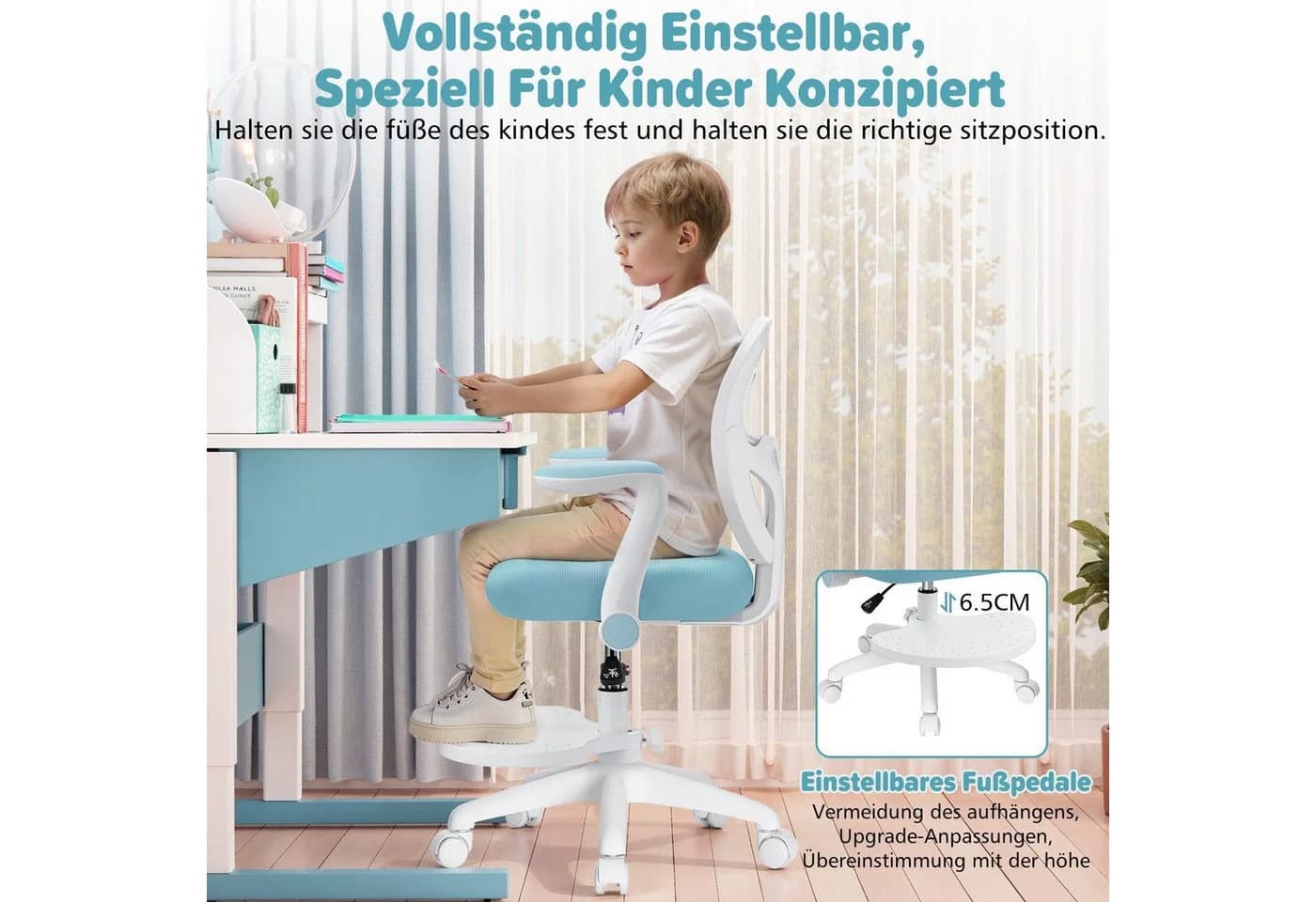 Insma Kinder-Drehstuhl ergonomisch höhenverstellbar mit Fußstütze blau