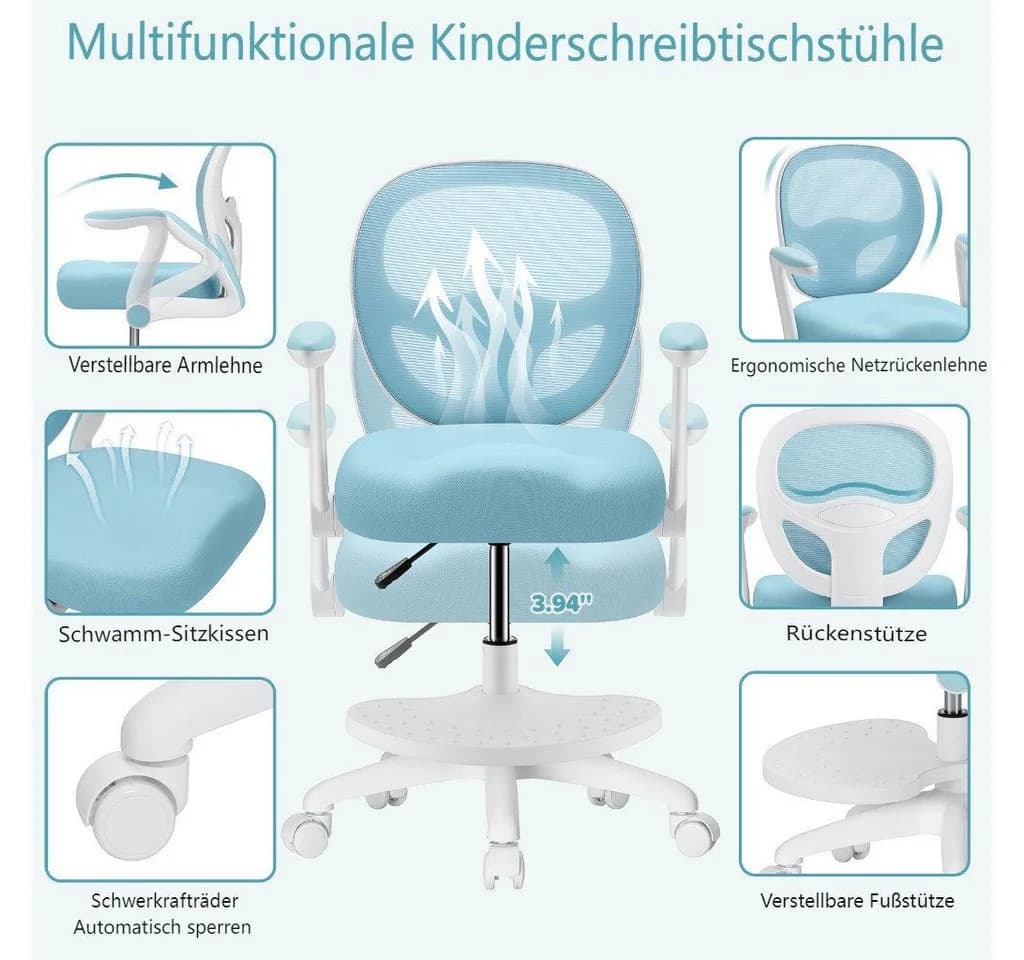 Insma Kinder-Drehstuhl ergonomisch höhenverstellbar mit Fußstütze blau - Bild 3