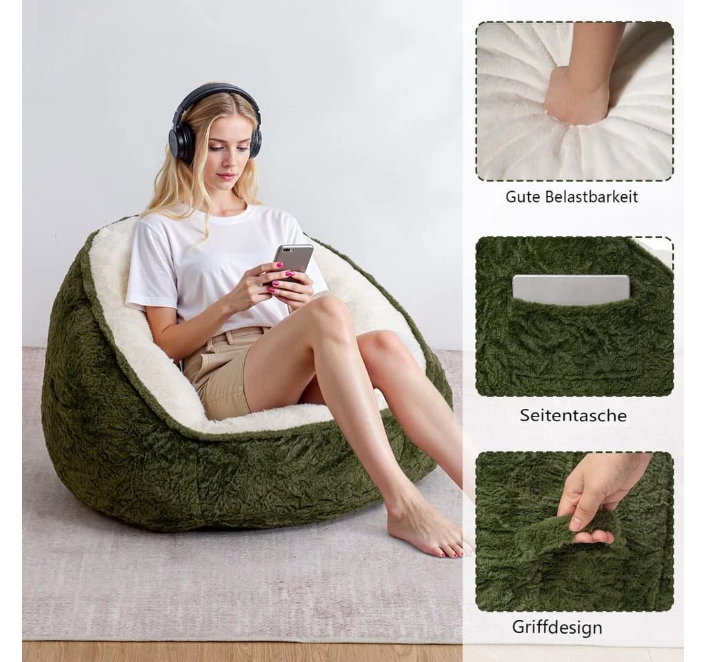 Insma Sitzsack Beanbag Sessel mit Rückenlehne Grün Kunstfell - Bild 3