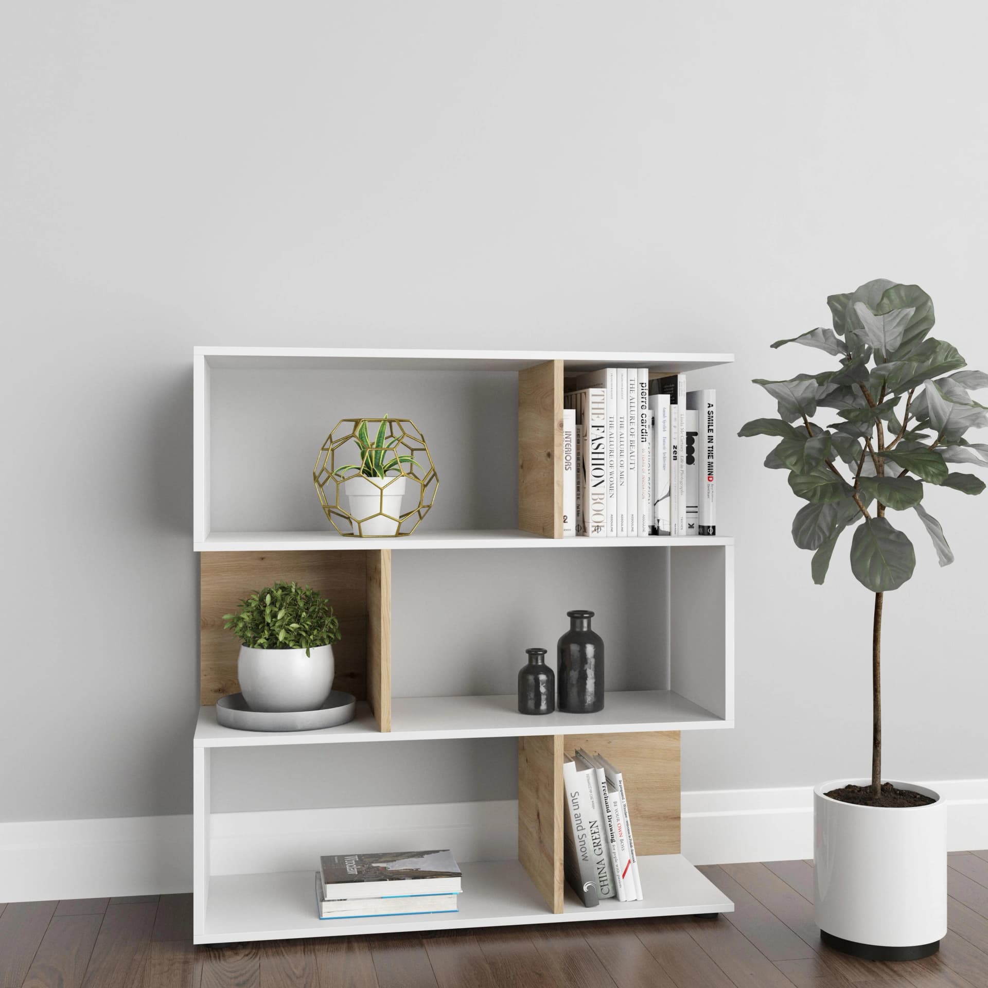 INOSIGN Cedric Bücherregal Weiß/Artisan Eiche 6 Fächer