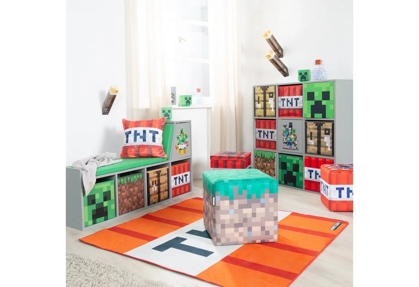 Minecraft Kindersitzbank Grau Grün mit Stauraum und Kissen - Bild 3