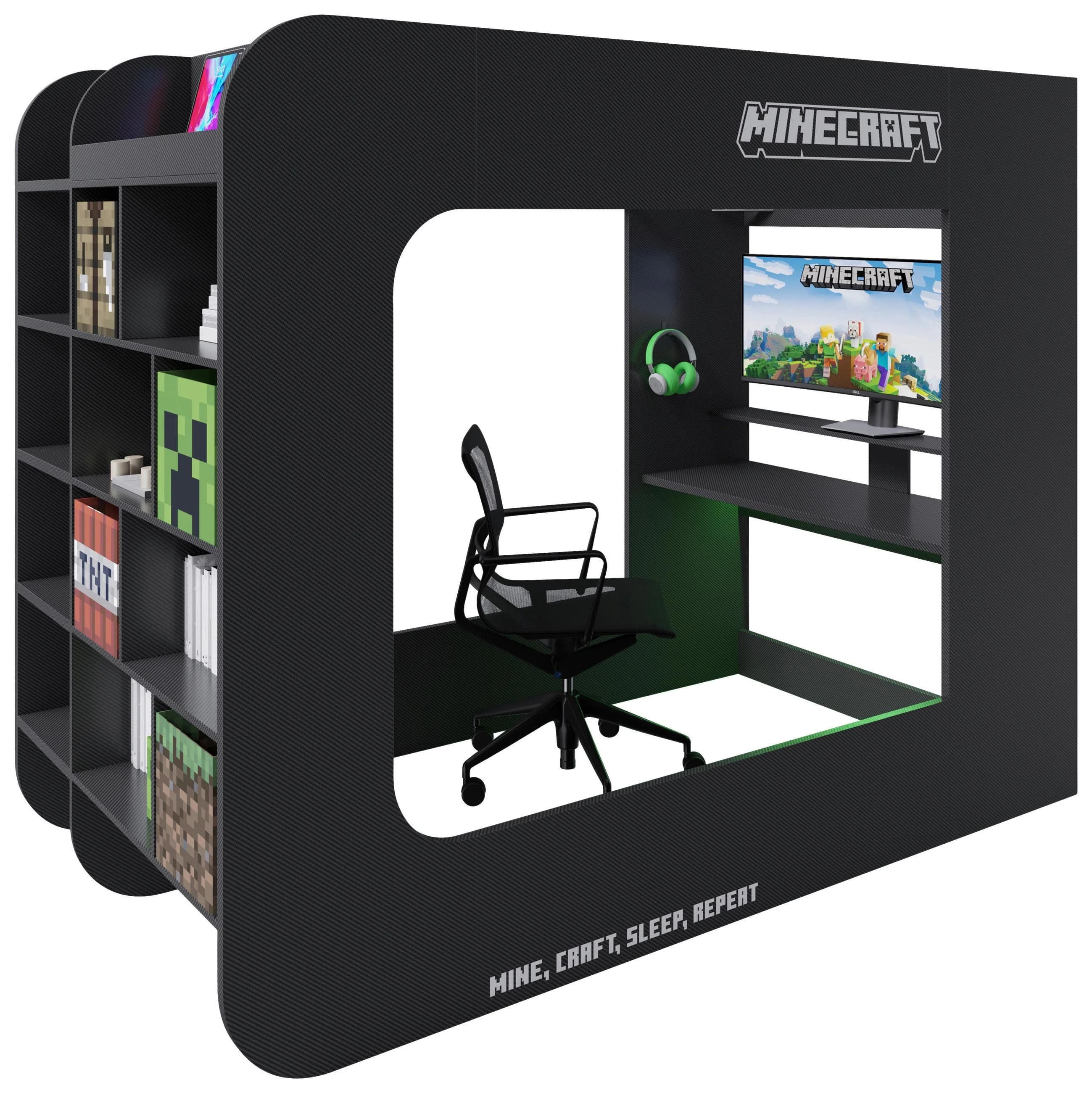 PHOENIX Hochbett Minecraft Schwarz mit Schreibtisch & LED