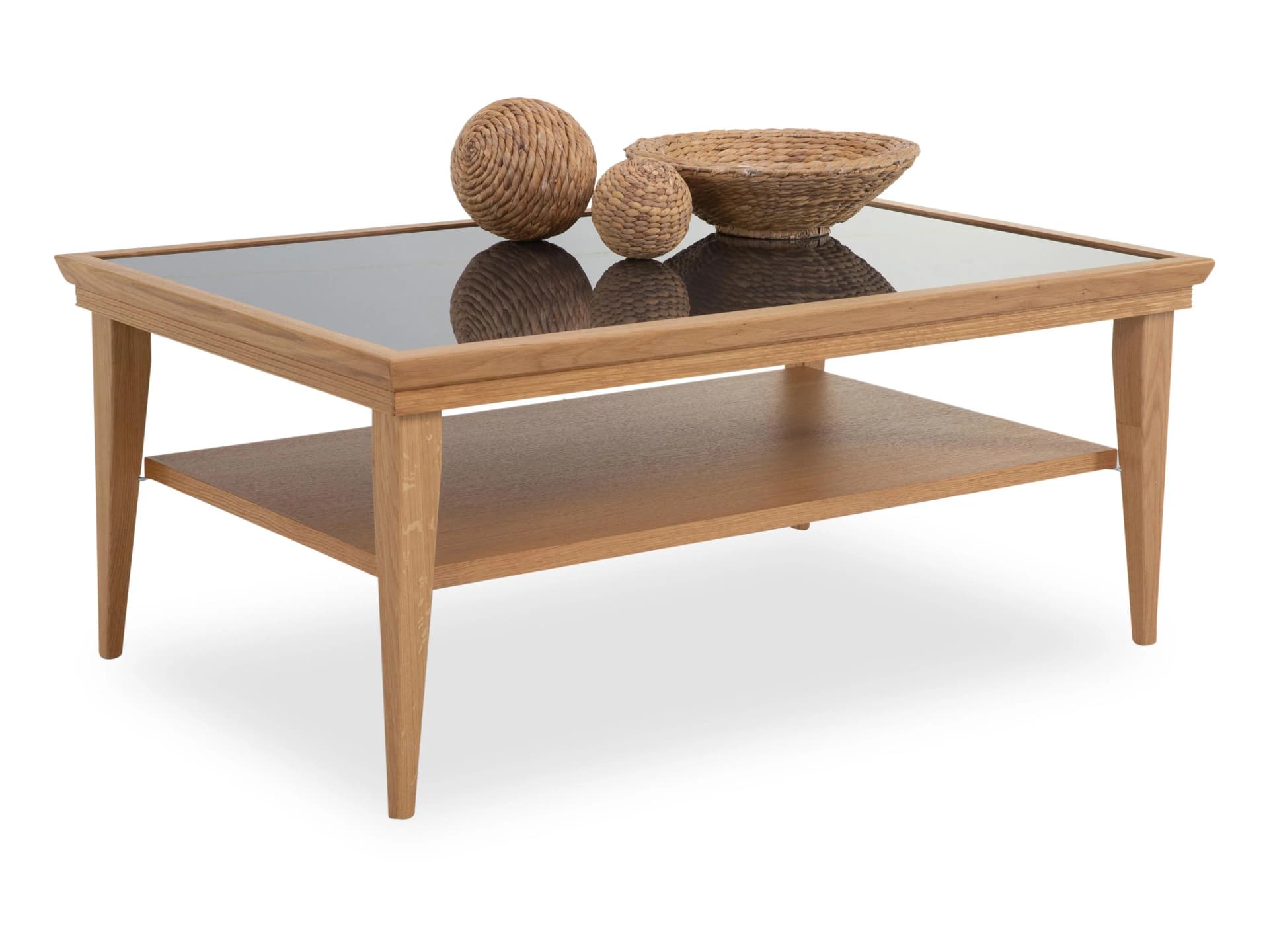 Couchtisch 1595 Braunes Eichenmassiv mit Klarglasplatte