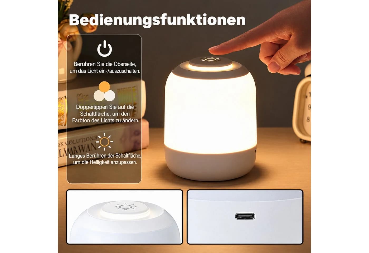 BOOD LED Nachttischlampe Dimmbar mit Touch-Sensor & USB-Aufladung - Bild 4