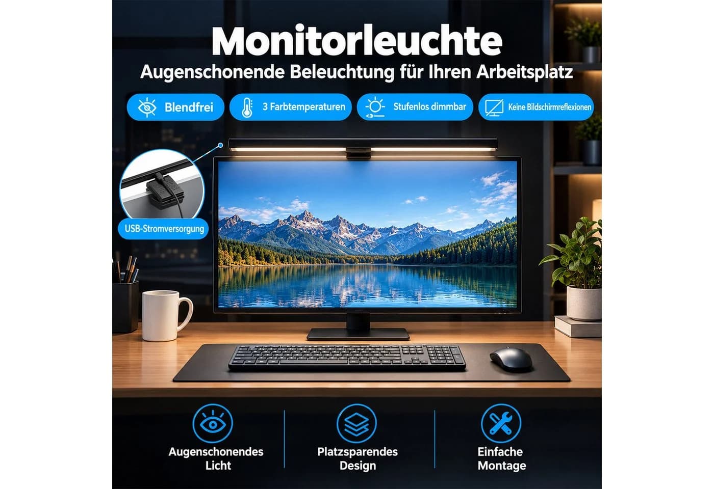 BOOD LED Monitorleuchte Schwarz Stufenlos Dimmbar USB - Bild 3