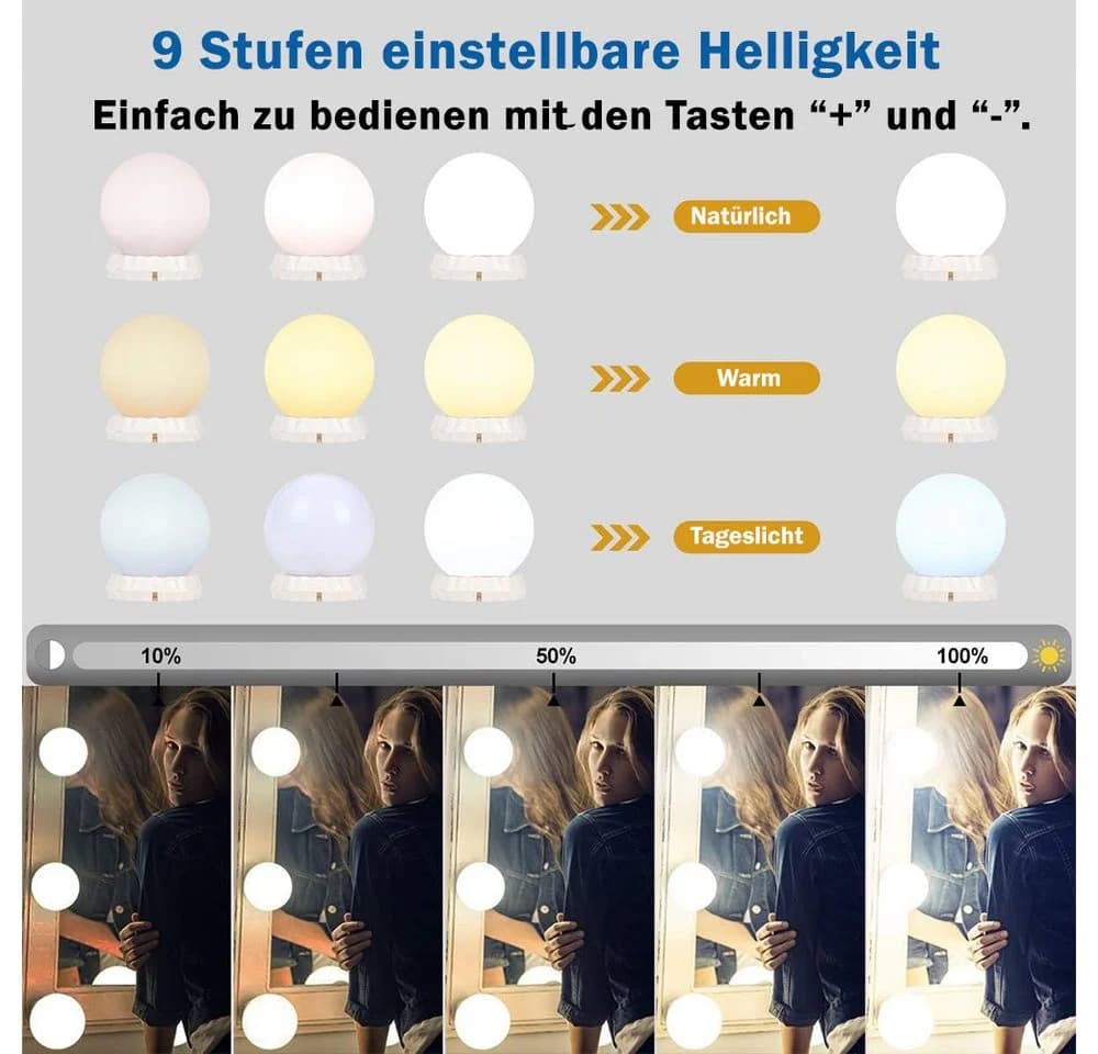 TUWENA LED-Lichtspiegel 3 Farben LED Spiegelleuchte, 9 Helligkeiten Dimmbar Schminklicht