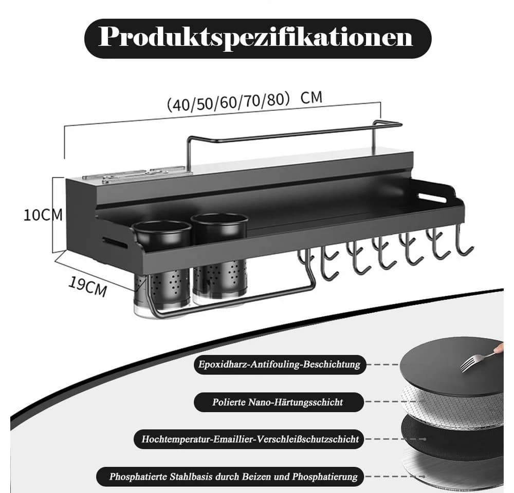 TUWENA Gewürzregal Wand, 12 Haken, 2 Becher