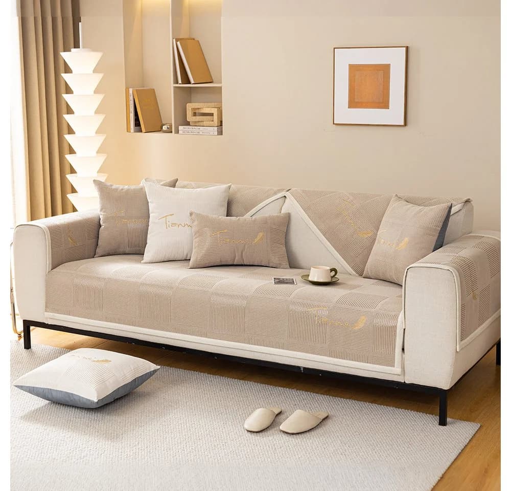 TUWENA Sofahusse Chenille Sofabezug Rutschfest Grau Khaki - Bild 2