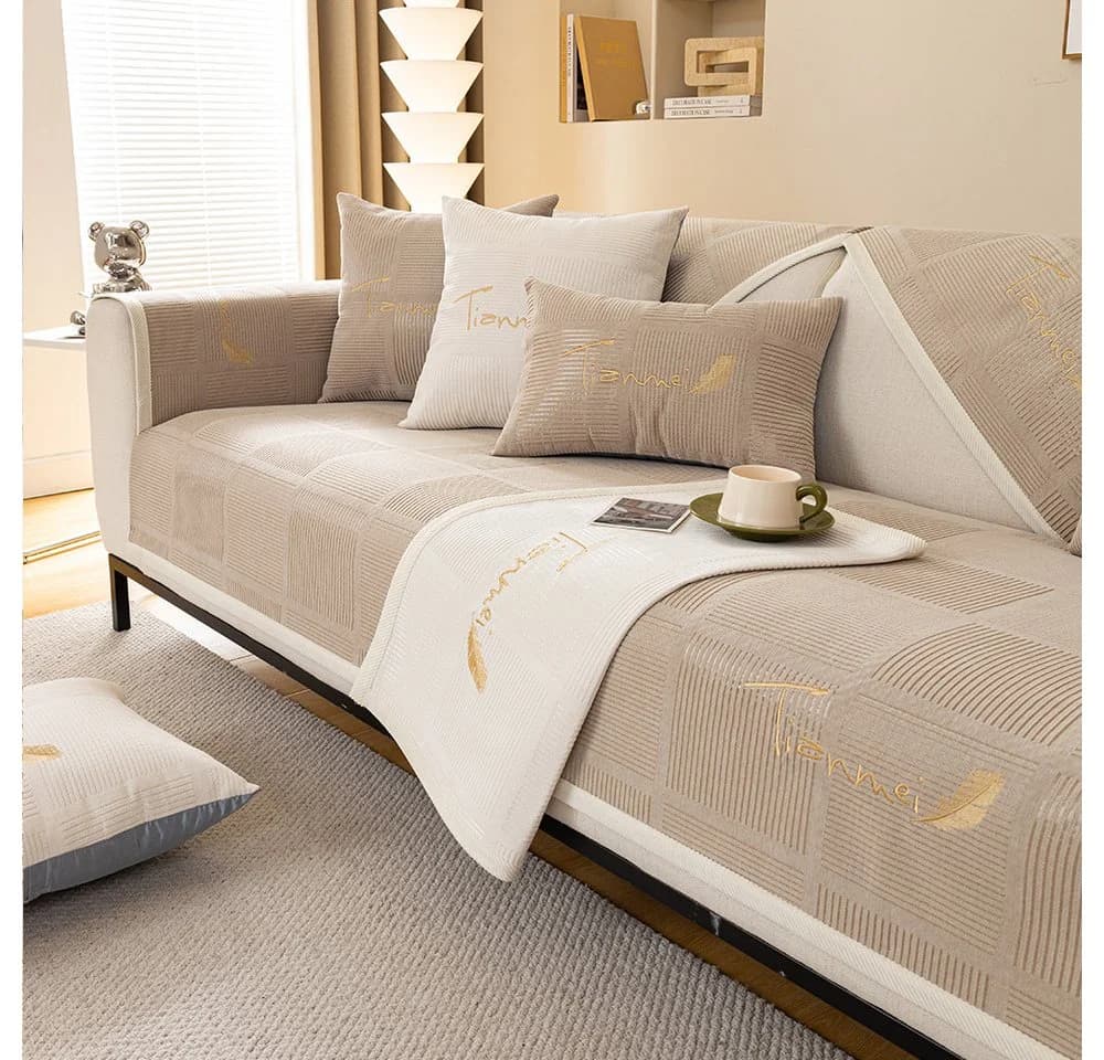 TUWENA Sofahusse Chenille Sofabezug Rutschfest Grau Khaki - Bild 4