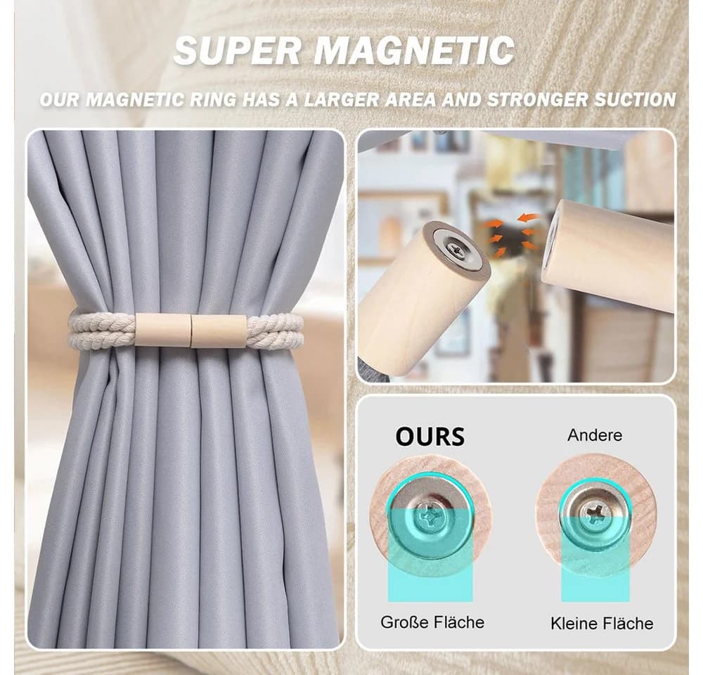TUWENA Magnetische Vorhang Raffhalter 2 Stück, Baumwolle, Grau, Beige - Bild 4