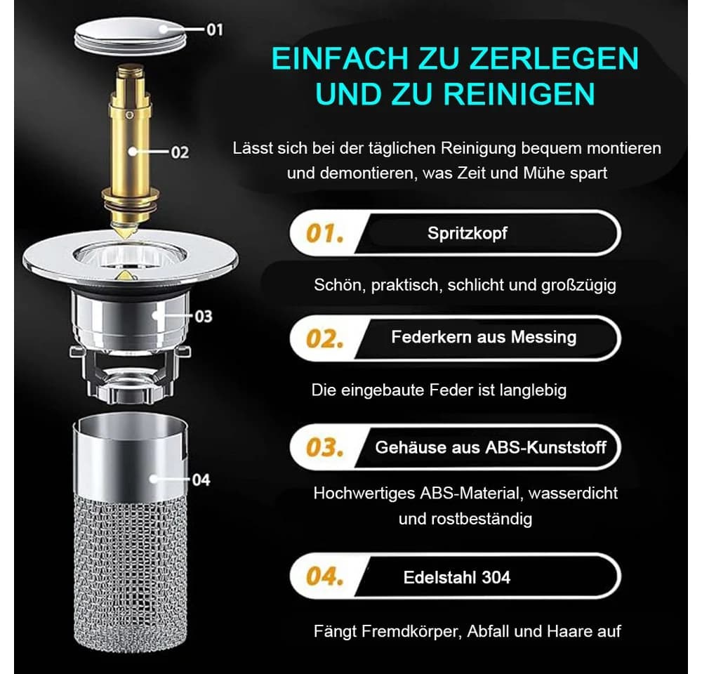 TUWENA Waschbeckenstöpsel 2 Stück 304 Edelstahl Pop Up Abflusssieb Silber - Bild 4