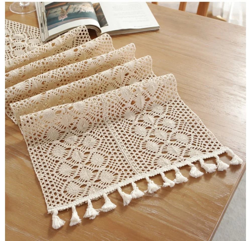 TUWENA Gehäkelter Tischläufer Beige Vintage mit Quasten