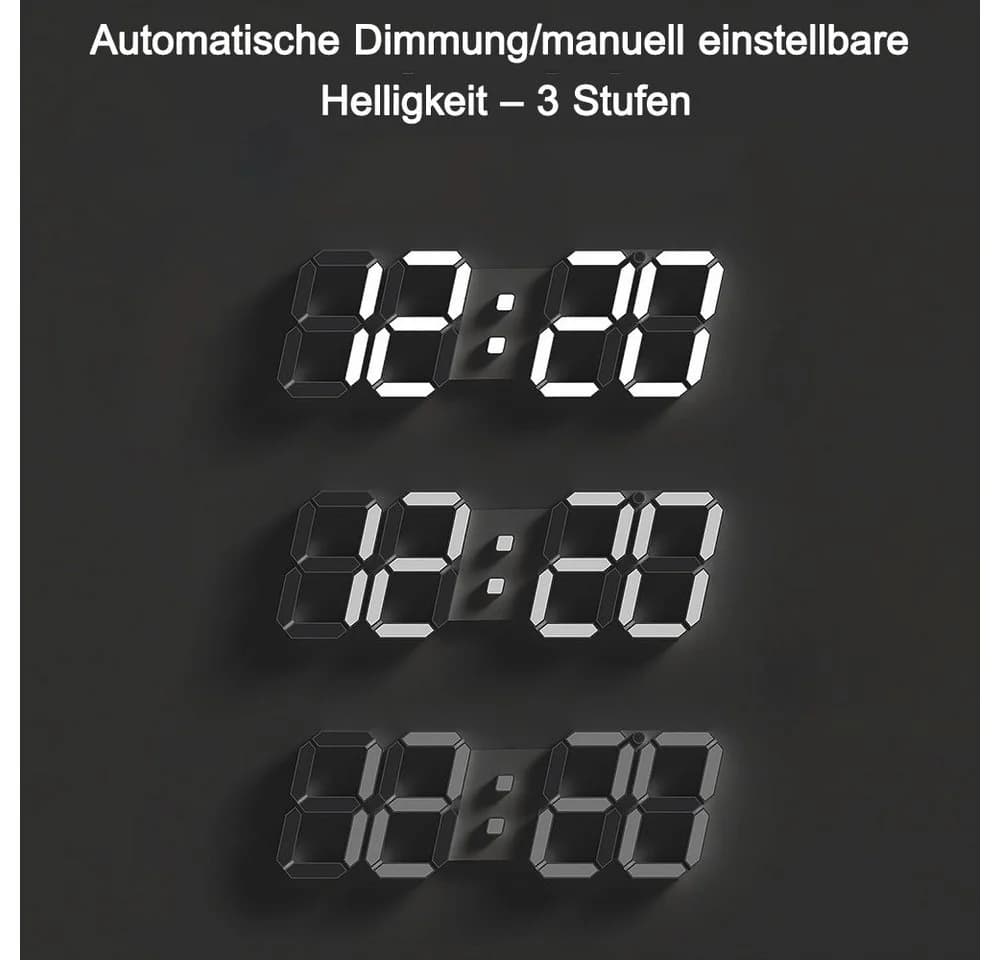 TUWENA Wanduhr 3D LED Digitaluhr Weiß Dimmbar - Bild 3