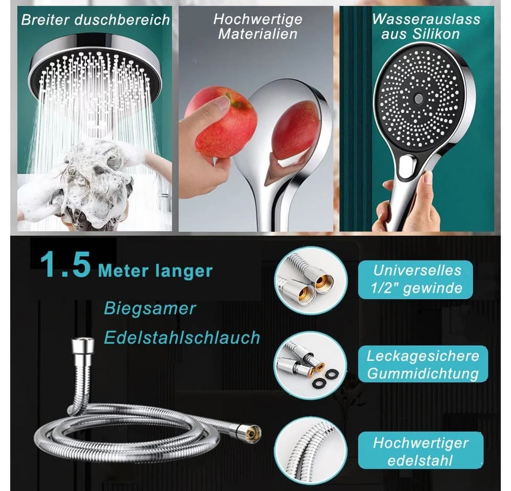 AFKSMILE Handbrause Hochdruck 1.5m Schlauch 3 Düsen Antikalk - Bild 4