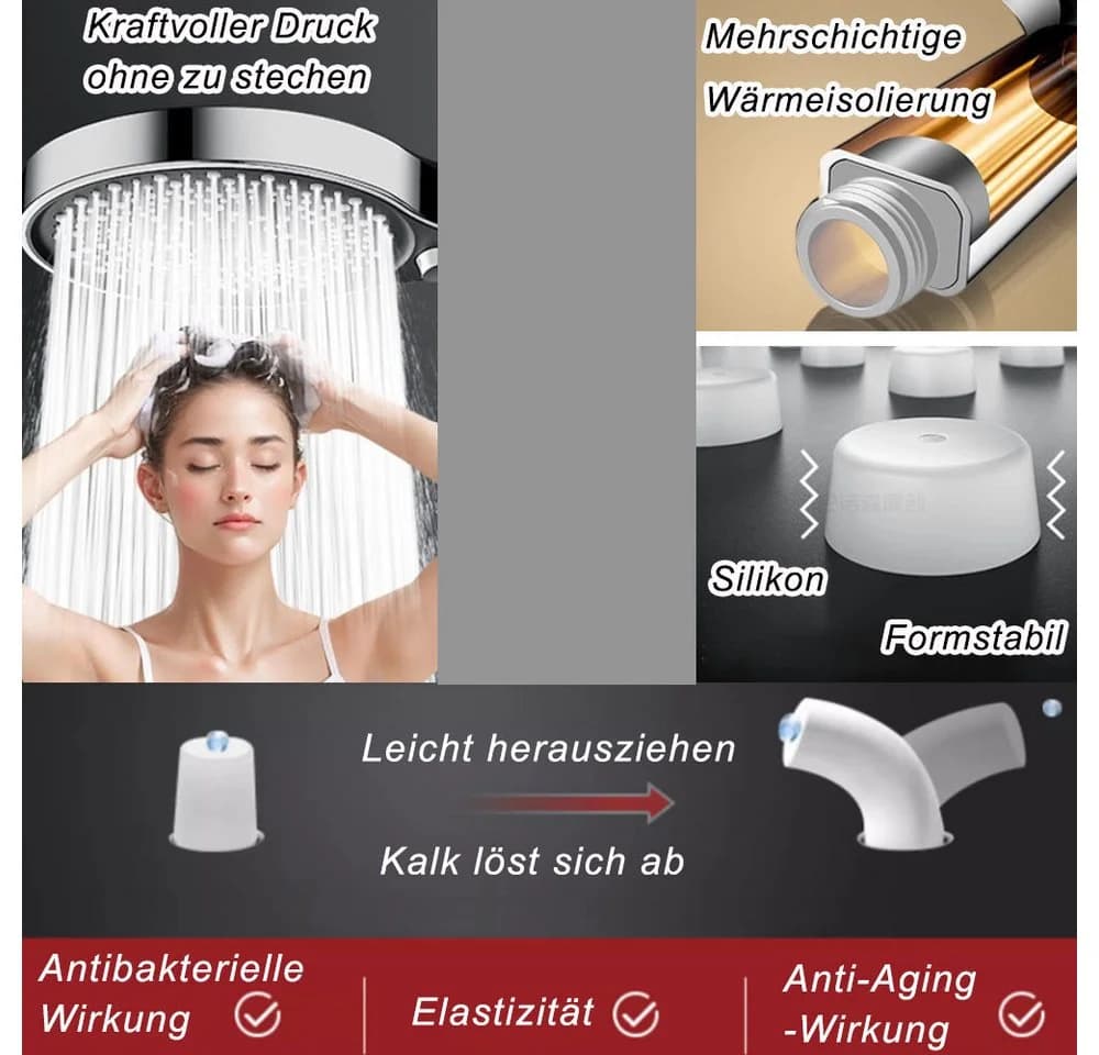 AFKSMILE Handbrause Hochdruck 1.5m Schlauch 3 Düsen Antikalk - Bild 5