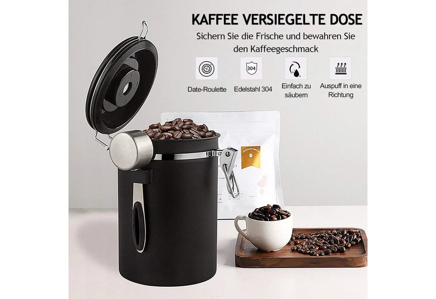 AFKSMILE Edelstahl Kaffeebehälter 2800ml Schwarz mit CO₂-Ventil - Bild 3