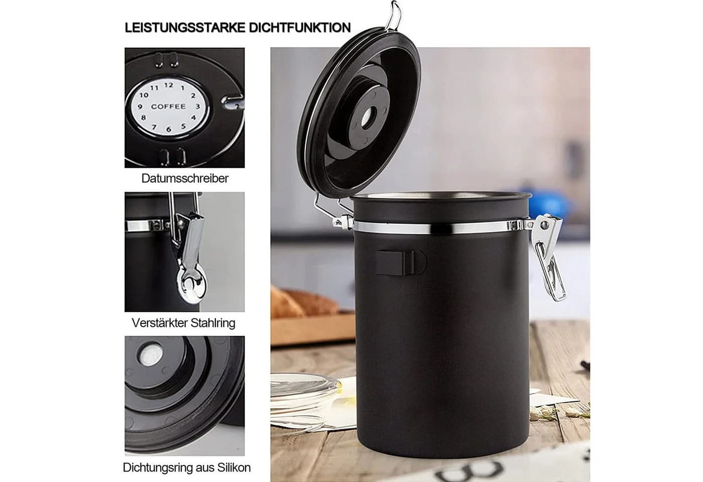 AFKSMILE Edelstahl Kaffeebehälter 2800ml Schwarz mit CO₂-Ventil - Bild 4