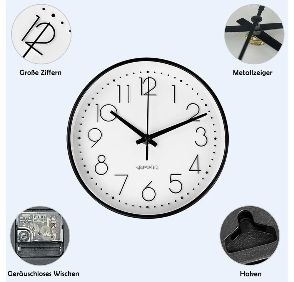 TUWENA Wanduhr 30cm Lautlos 3D Ziffern Kunststoff Modern - Bild 3