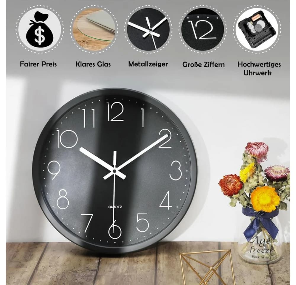 TUWENA Wanduhr 30cm Lautlos 3D Ziffern Kunststoff Modern - Bild 3