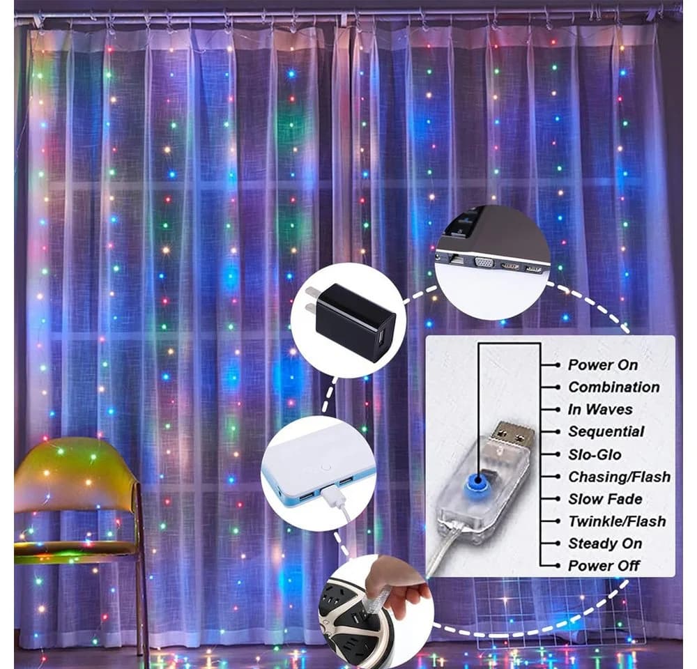 TUWENA LED-Lichterkette Lichtervorhang 3x3m 300 LEDs 8 Modi - Bild 5