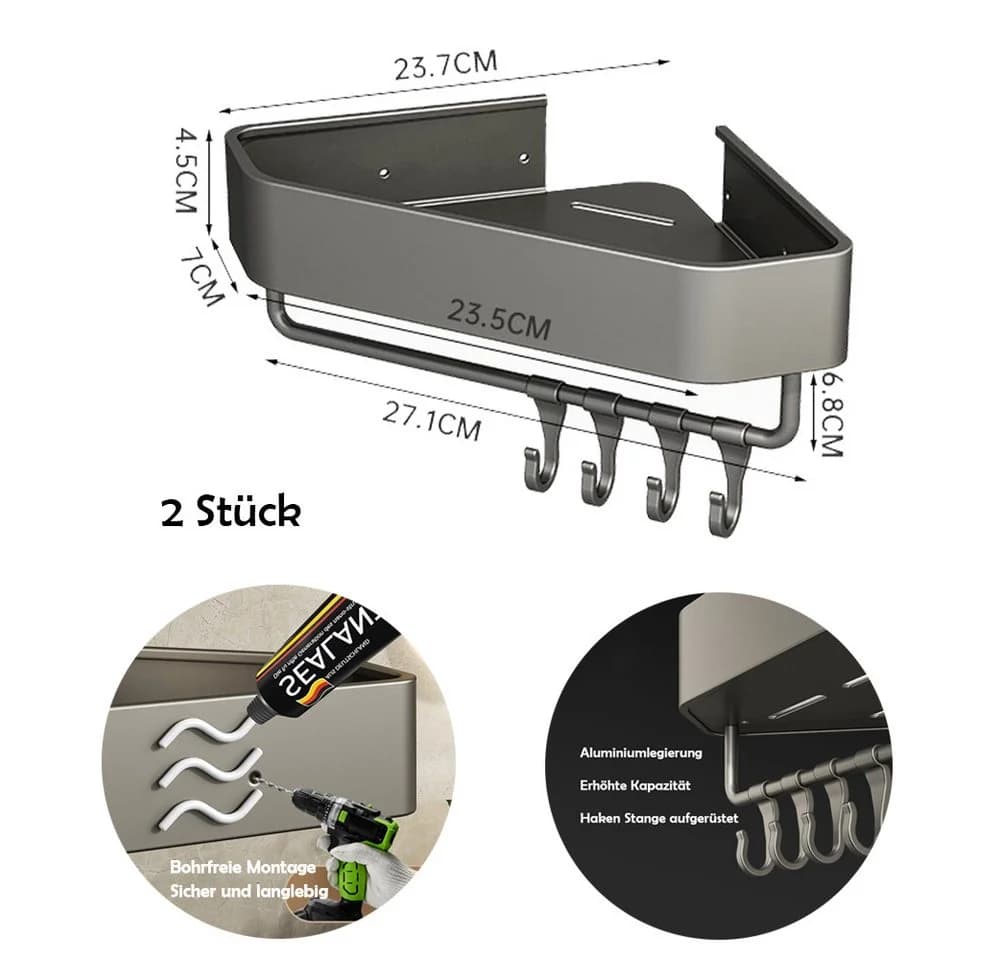 TUWENA Duschablage Ohne Bohren, 2 Stück Aluminium Duschregal mit Halter und Haken, Rostbeständiger Duschkorb