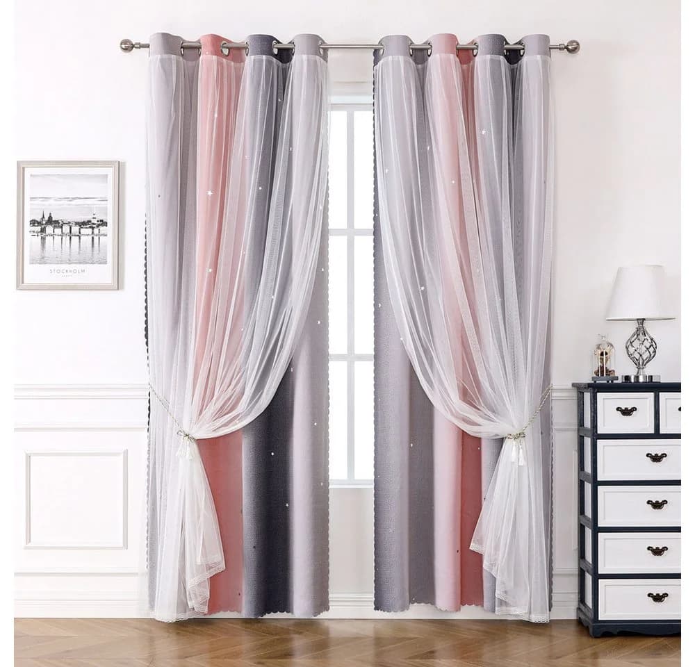 TUWENA Verdunkelungsvorhang 2er Set Sternen-Motiv Rosa Grau Lila Polyester - Bild 2