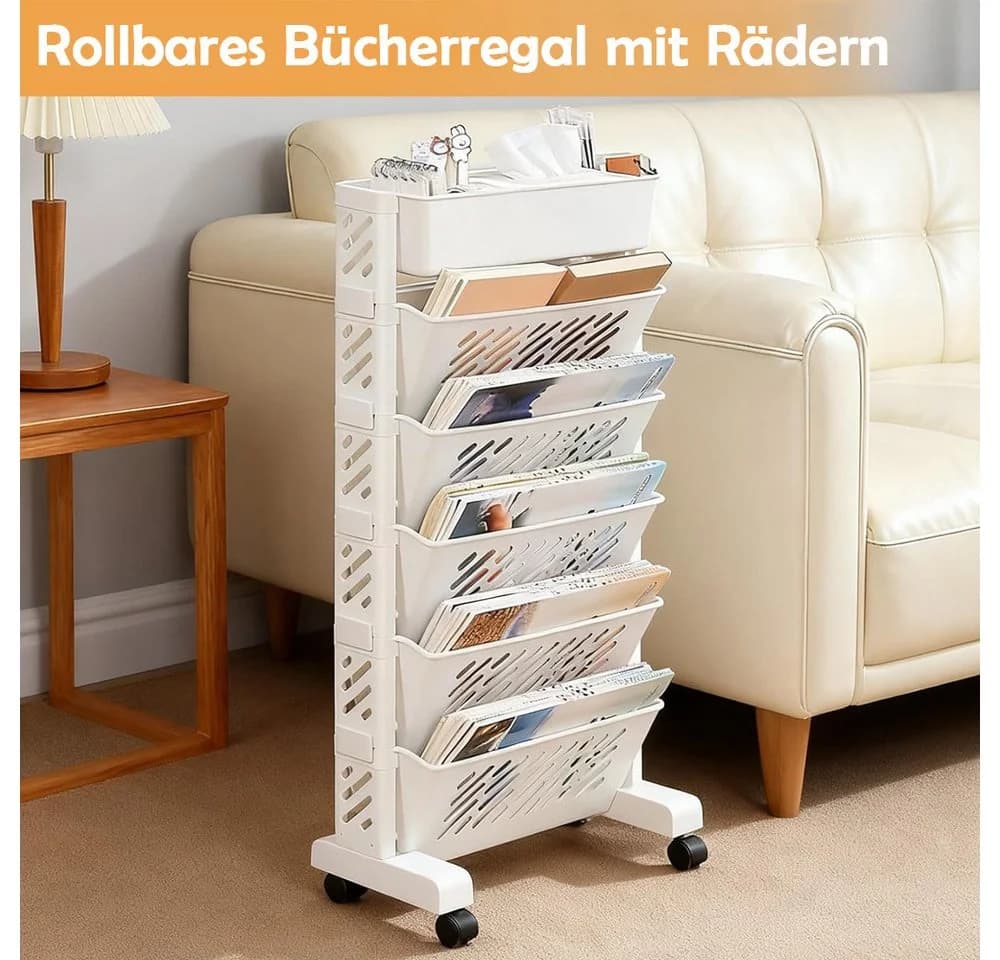 TUWENA Mobiles Bücherregal Weiß mit Rollen 5/6 Ebenen - Bild 4