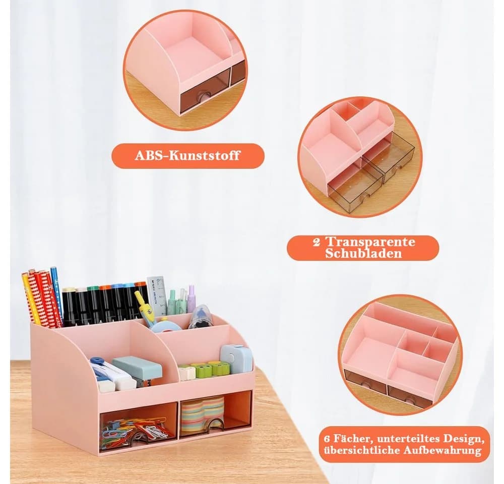 TUWENA Schreibtisch Organizer mit 2 Schubladen & 8 Fächer Rosa - Bild 3