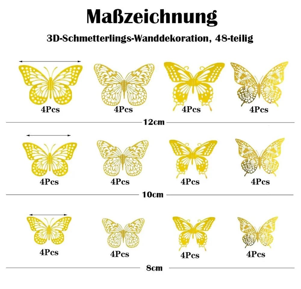 TUWENA 3D-Wandtattoo 48 Schmetterlinge Deko in Gold, Silber, Schwarz