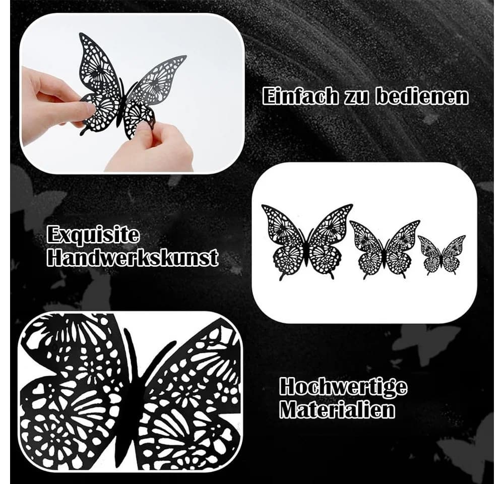 TUWENA 3D-Wandtattoo 48 Schmetterlinge Deko Schwarz Gold Silber - Bild 3