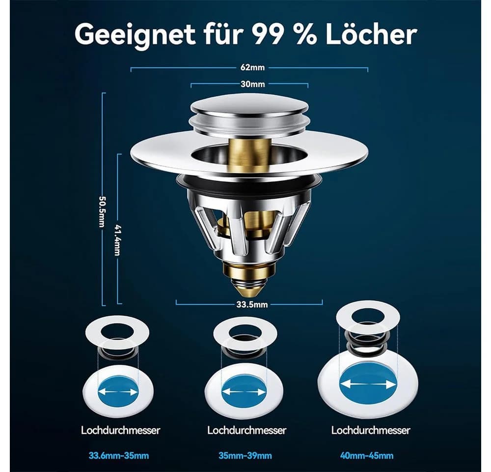 AFKSMILE Universal Pop-up Abflussstopfen für Aufsatzwaschbecken Silber - Bild 3