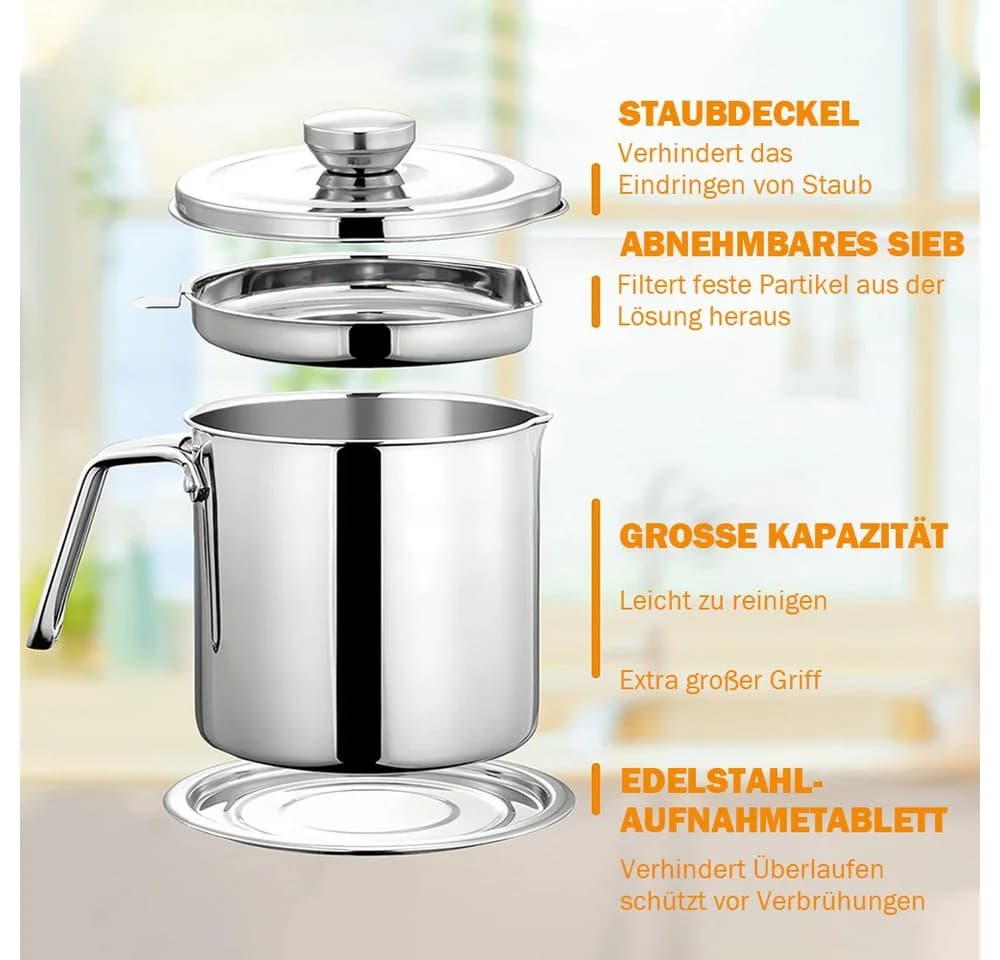 AFKSMILE Fetttrennkanne Edelstahl 2L mit Sieb und staubdichtem Deckel - Bild 4