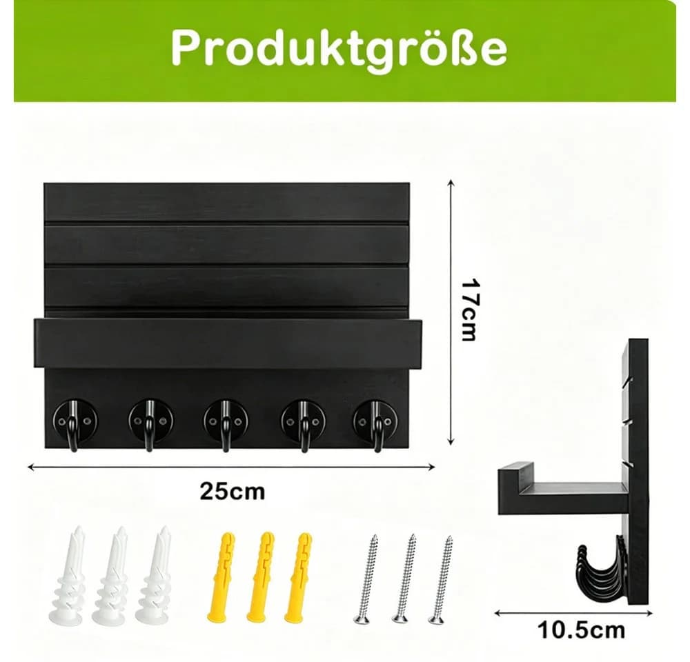 AFKSMILE Schlüsselbrett mit Ablage 5 Haken Schwarz Holz