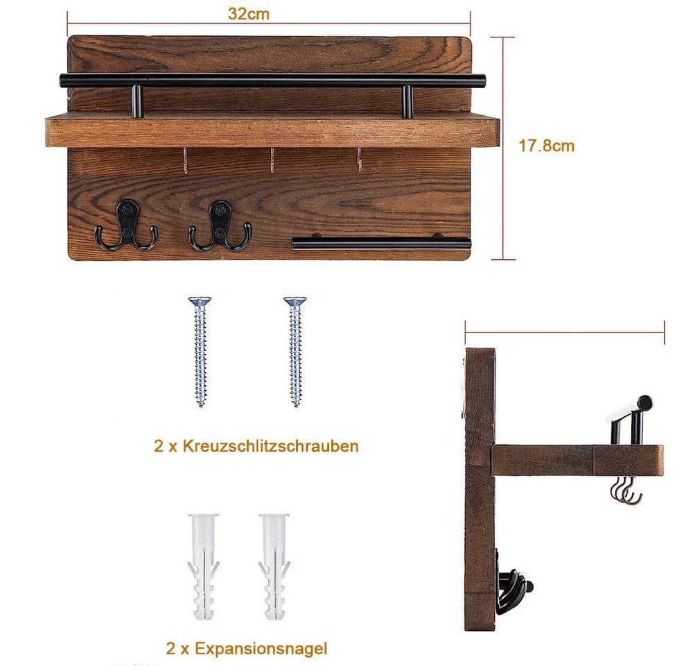 AFKSMILE Schlüsselbrett Wandhalterung Holz Braun mit Ablage