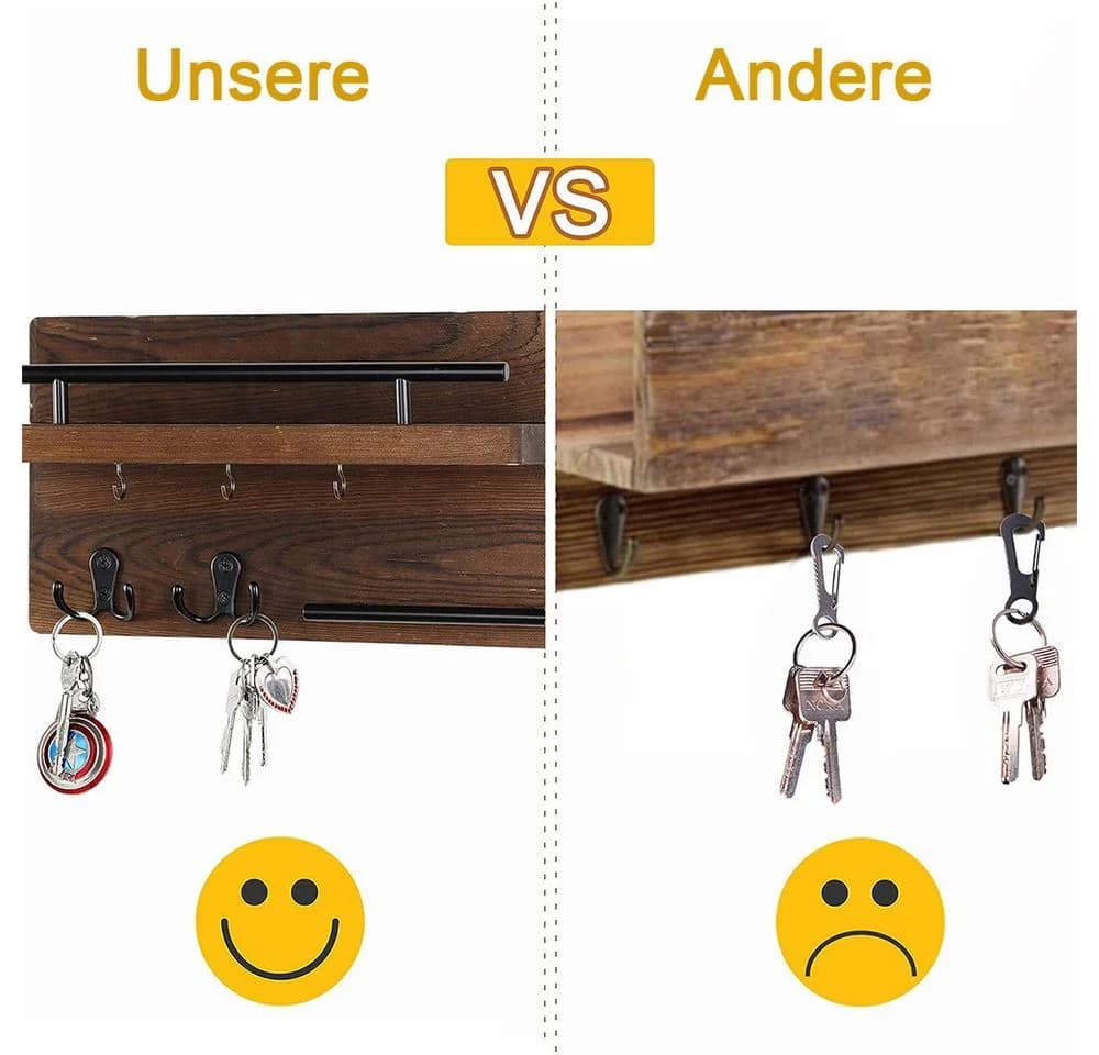 AFKSMILE Schlüsselbrett Wandhalterung Holz Braun mit Ablage - Bild 3