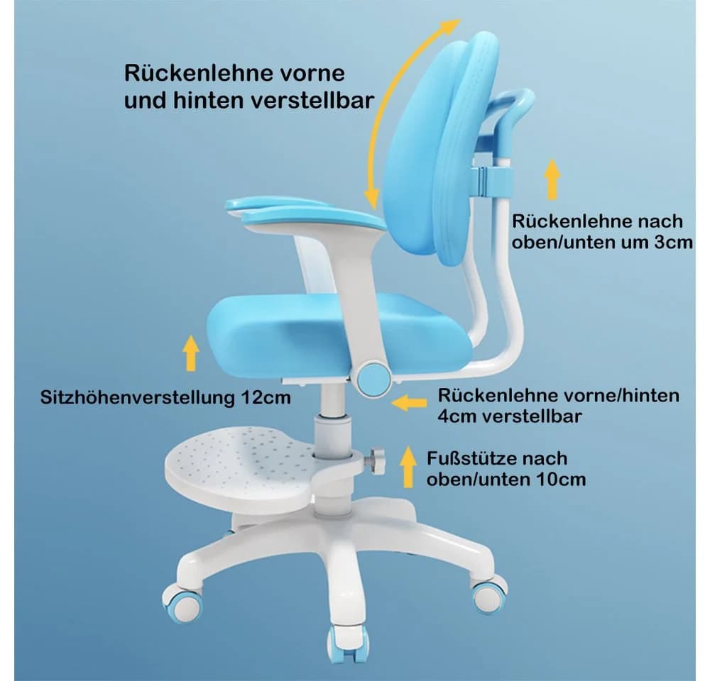 TUWENA Kinder-Schreibtischstuhl Blau höhenverstellbar mit 360° Rädern - Bild 5