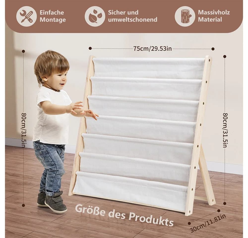 TUWENA Bücherregal Kinder mit 6 Stofffächern Beige Massivholz