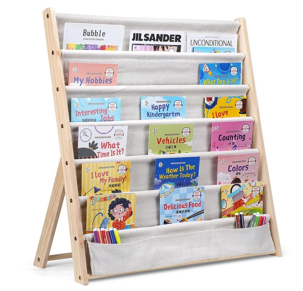 TUWENA Bücherregal Kinder mit 6 Stofffächern Beige Massivholz - Bild 2