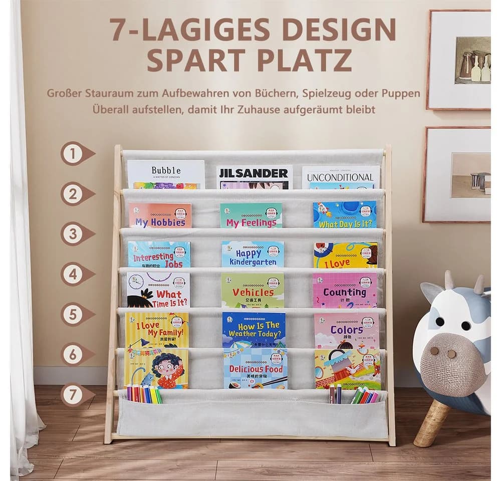TUWENA Bücherregal Kinder mit 6 Stofffächern Beige Massivholz - Bild 4
