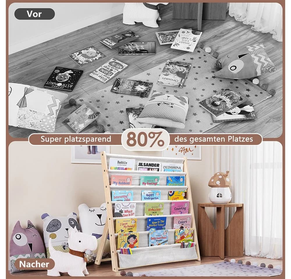 TUWENA Bücherregal Kinder mit 6 Stofffächern Beige Massivholz - Bild 5