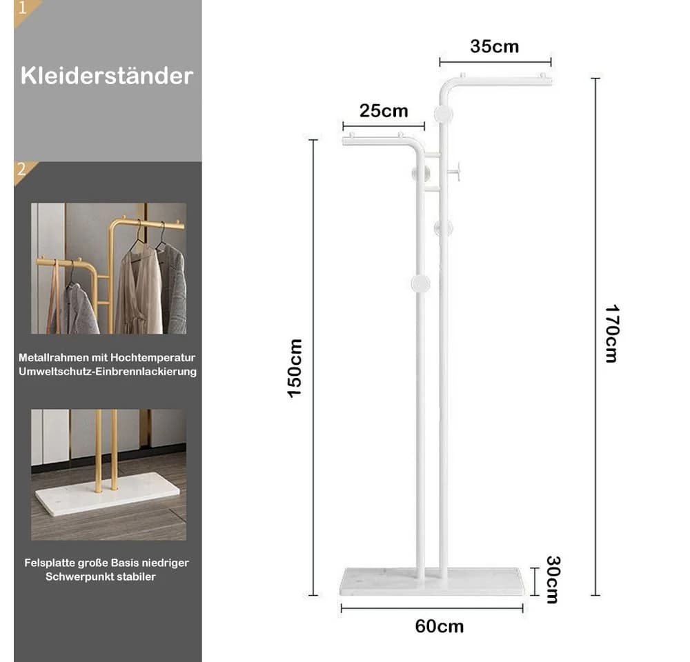 TUWENA Garderobenständer Marmor mit 5 Haken & 2 Stangen